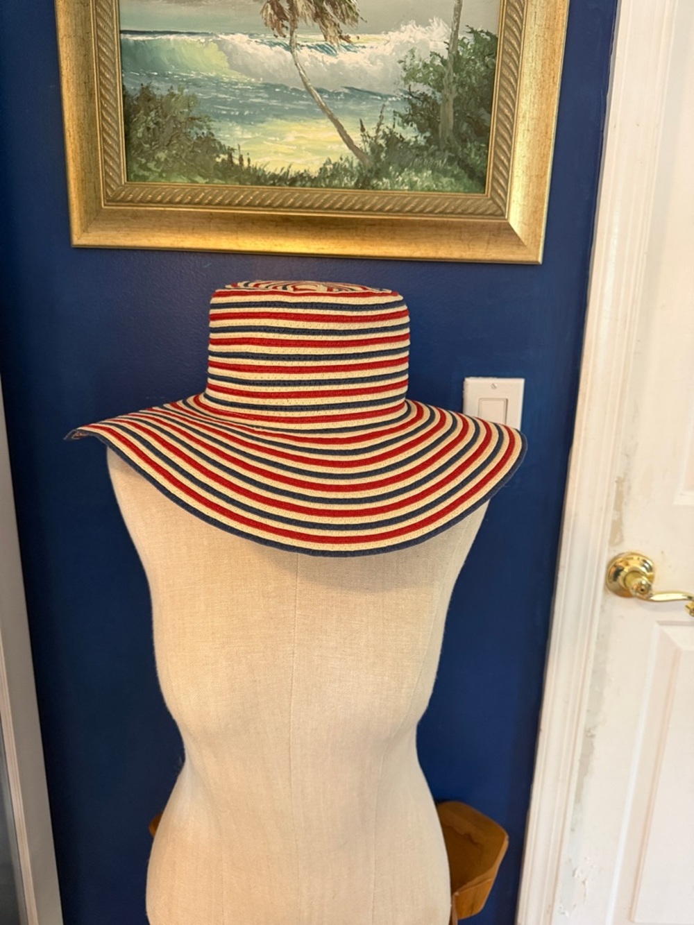 NWOT Women’s Janie and Jack Red, White & Blue Striped Wide-Brim Sun Hat Size 6-8